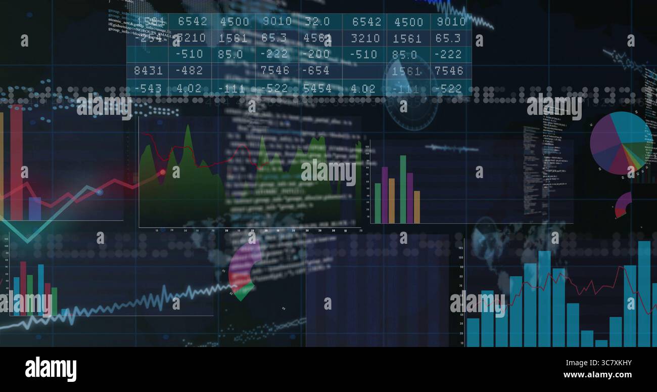 Affichage du tableau de bord analytique dans un espace de travail numérique, avec des graphiques à barres et des blocs de code Banque D'Images