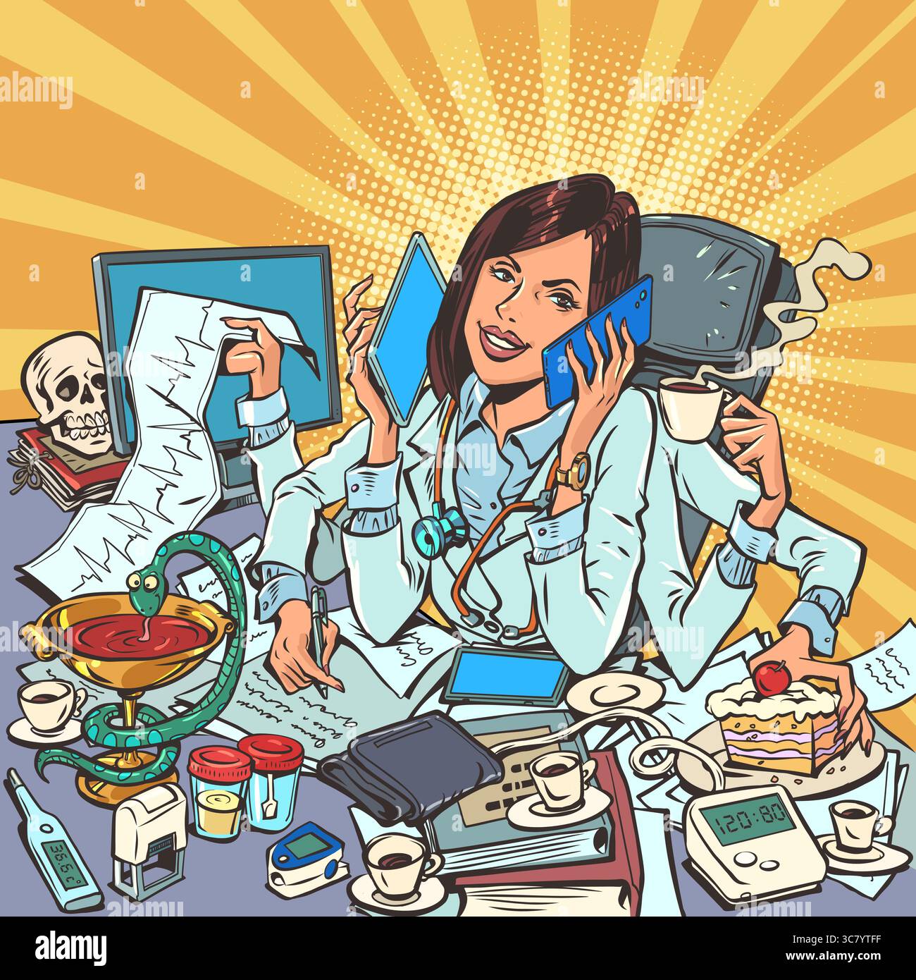 Une femme médecin parvient à tout faire en même temps. Charge de travail élevée, heures supplémentaires. Un spécialiste polyvalent en médecine. Bande dessinée pop art rétro ve Illustration de Vecteur