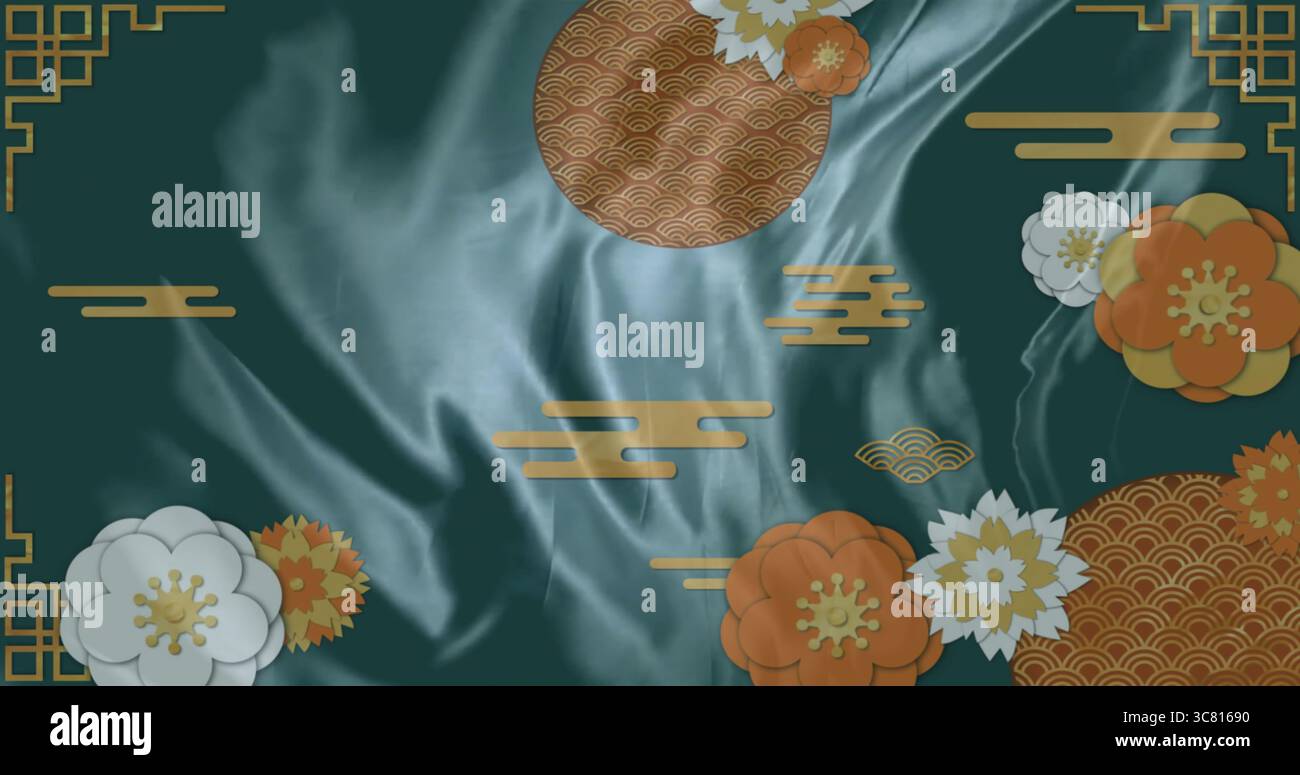 Doté d'un motif de toile de soie numérique avec des motifs de nuage d'or, des disques d'onde et des fleurs blanches orange Banque D'Images