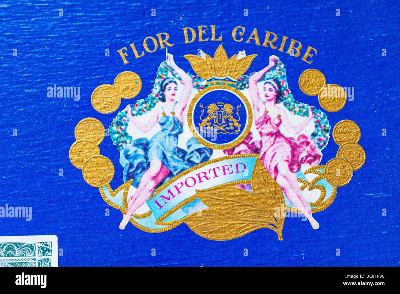 Couvercle d'une boîte à cigares antique Flor Del Caribe Banque D'Images