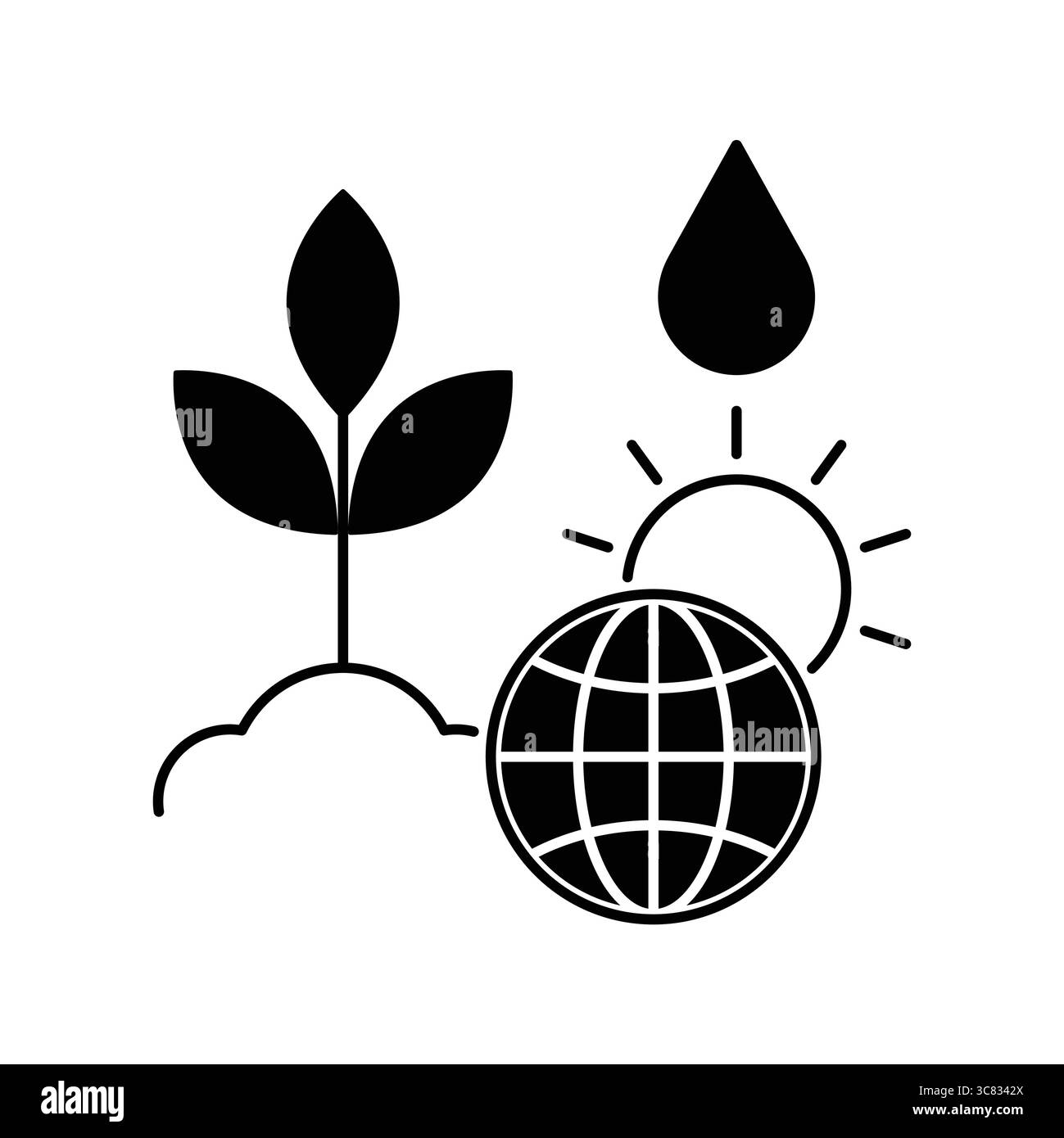 Cette illustration représente une plante en croissance à côté d'une goutte d'eau et du soleil, symbolisant le lien entre la nature, la durabilité et l'environnement Illustration de Vecteur