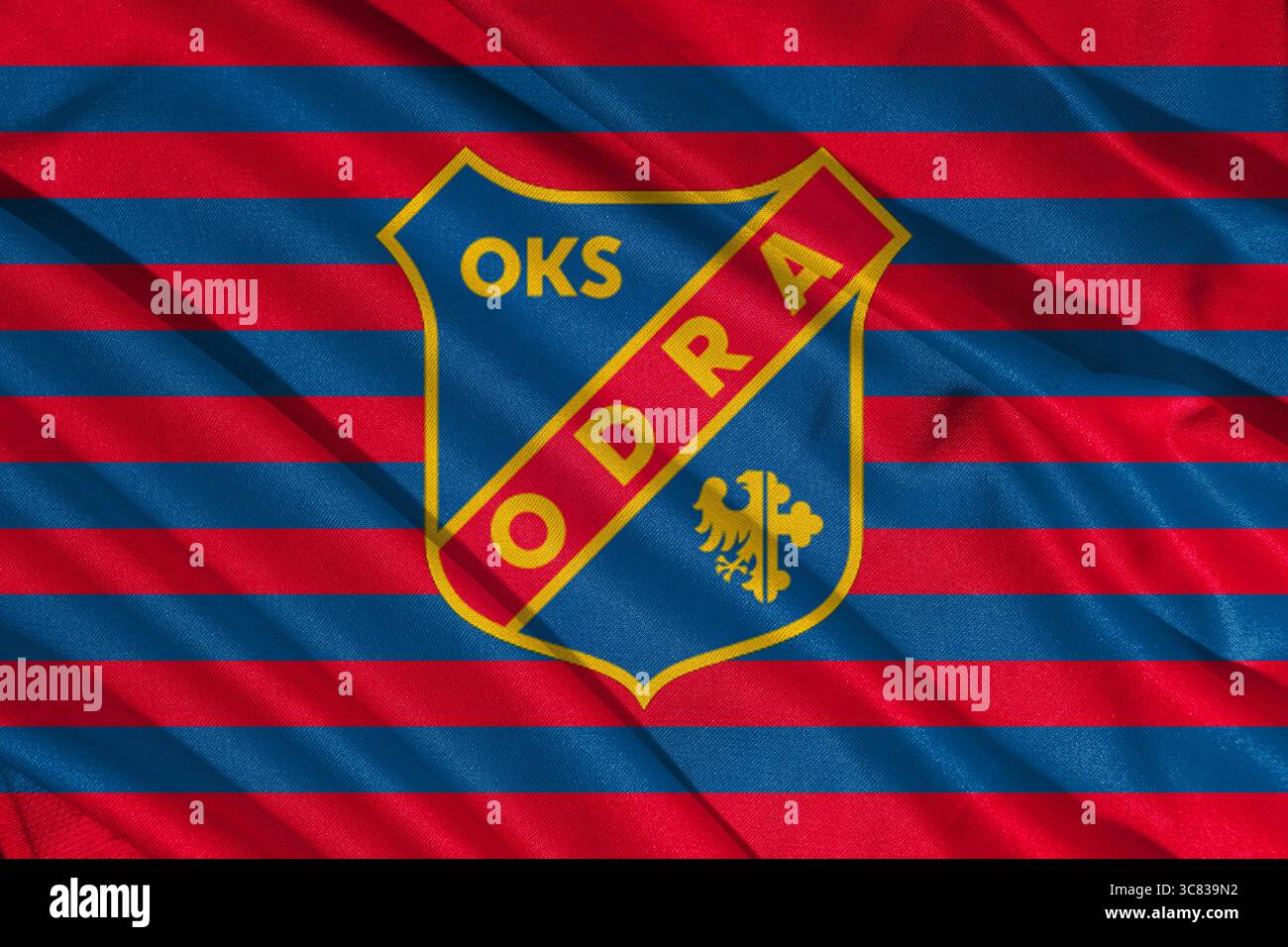 Pringsewu, Lampung ; 3 août 2025 ; texture du logo du drapeau du club de football Odra Opole, ligue polonaise de football 1 Banque D'Images