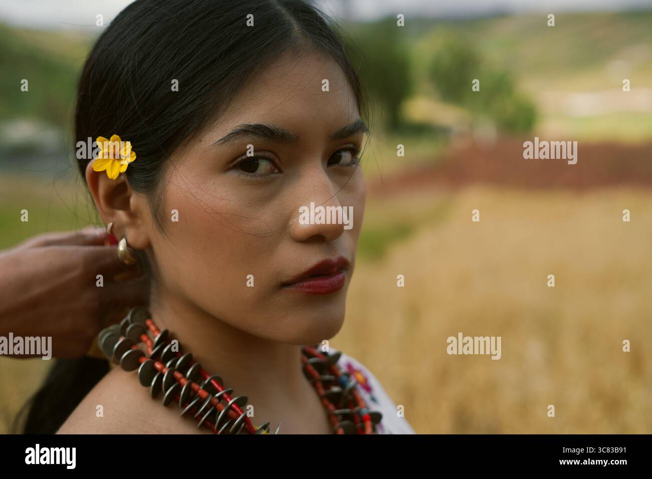 Jeune femme adulte regardant avec confiance avec un collier traditionnel et fleur jaune dans ses cheveux, exsudant la fierté culturelle et l'élégance contre un flou Banque D'Images