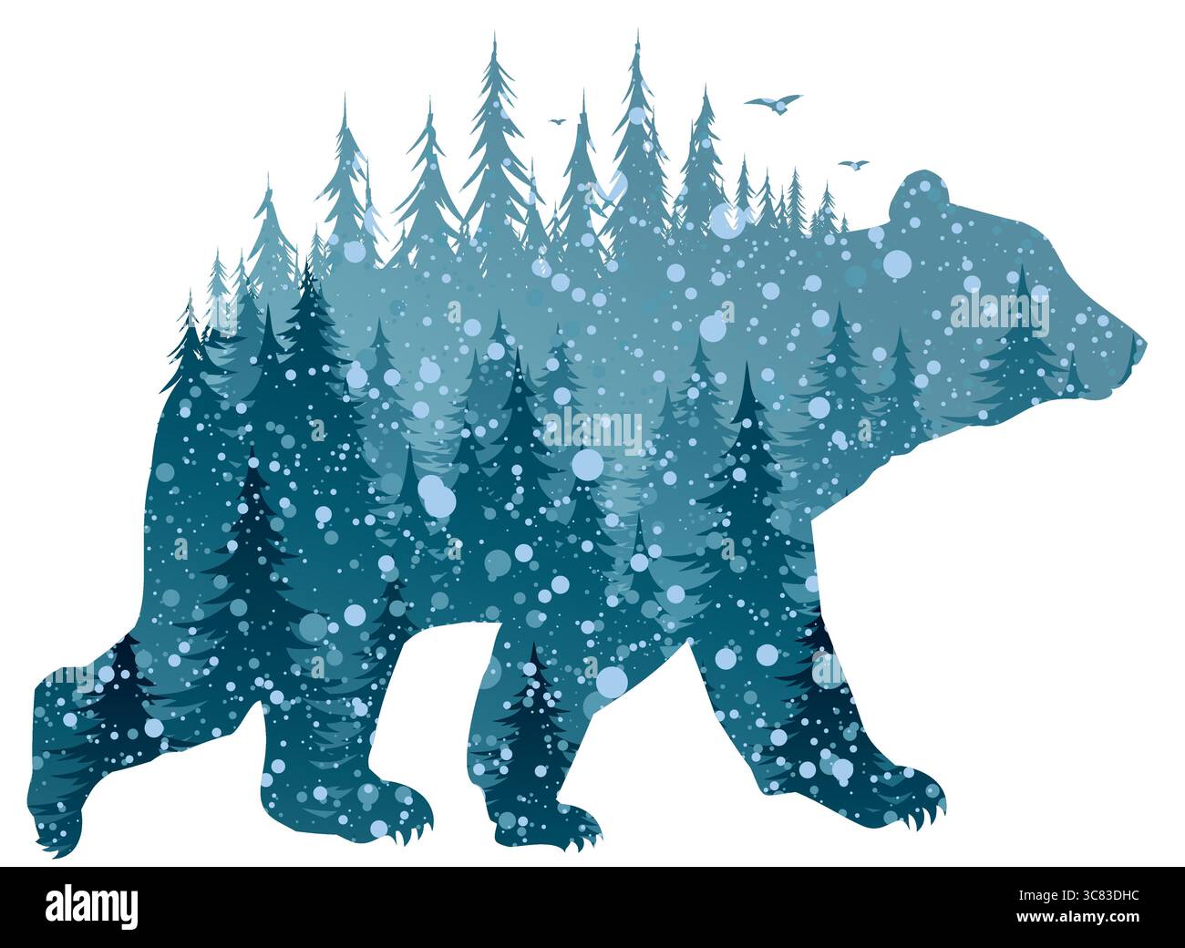 Silhouette d'un ours sauvage avec forêt d'hiver et oiseau. Illustration de Vecteur