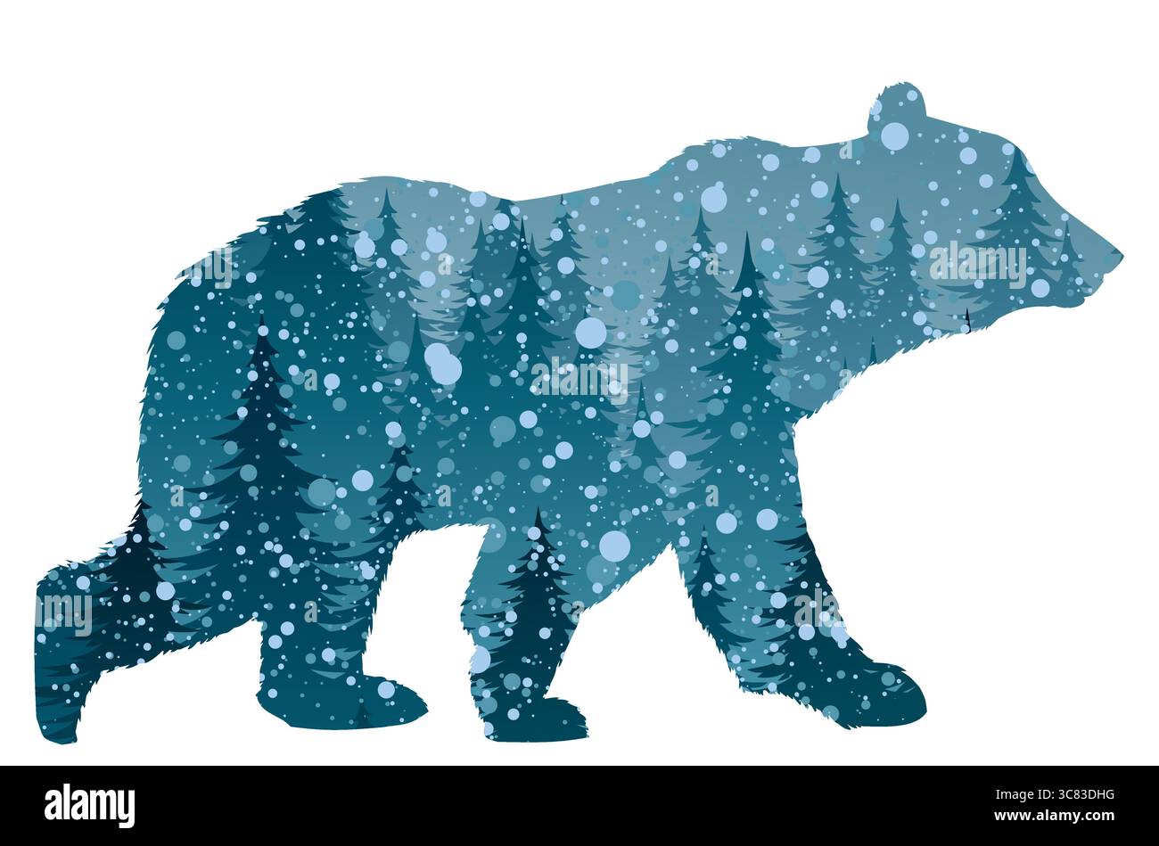 Silhouette d'un ours sauvage avec forêt d'hiver. Illustration de Vecteur