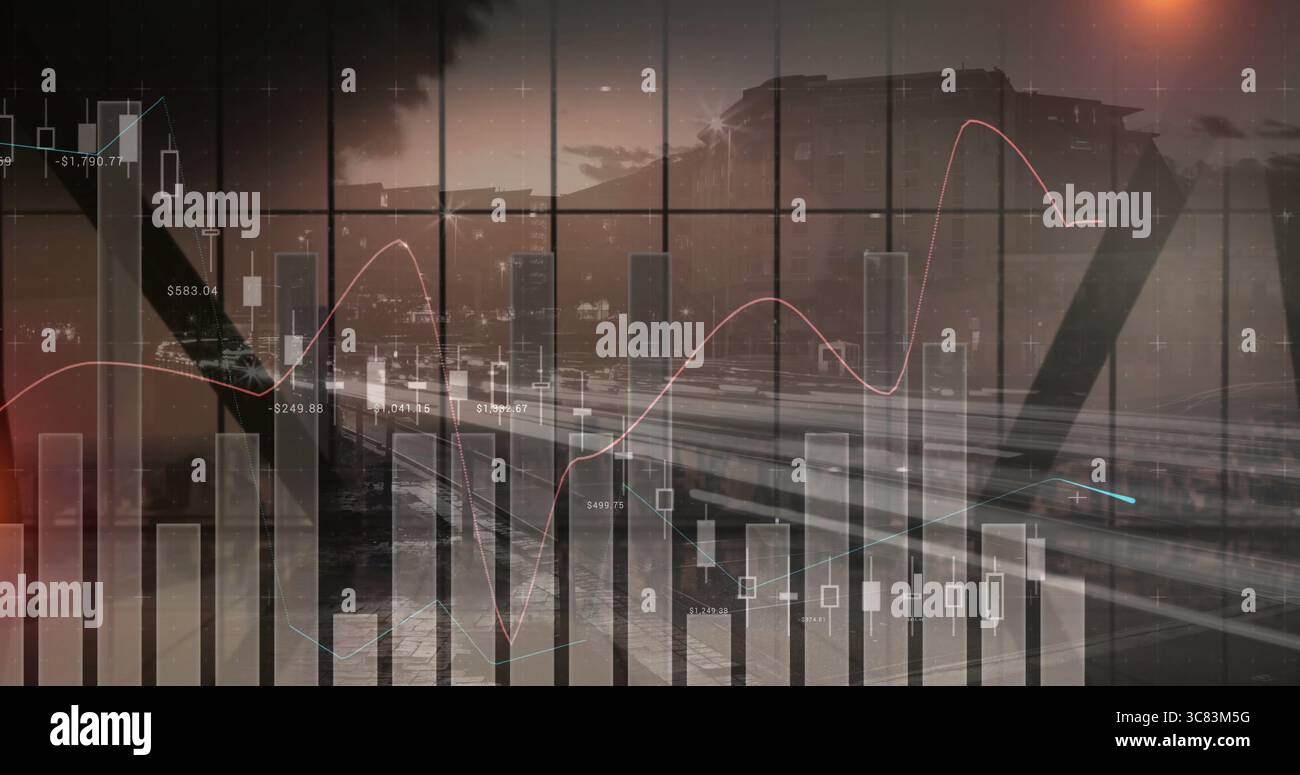 Affichage de barres et de chandeliers sur le pont piétonnier au crépuscule, avec des poutres en acier, lampadaire Banque D'Images