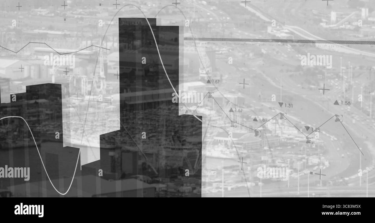 Présentation de la silhouette de la ville sur un paysage urbain aérien, avec des graphiques financiers et des marqueurs de données Banque D'Images