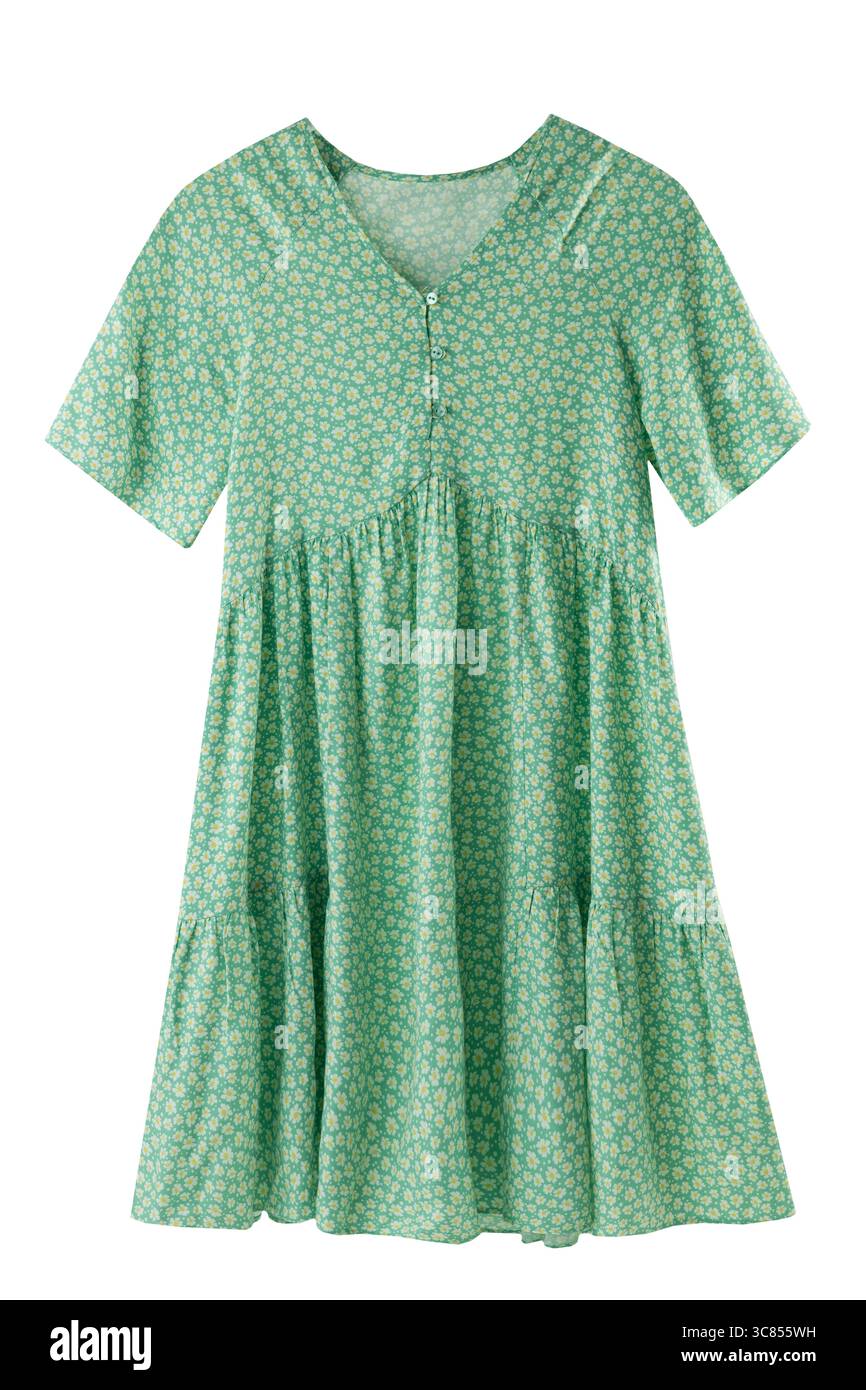 Robe verte de l'enfant d'été isolé sur blanc. Vêtements de mode pour fille imprimé floral.Object.Nobody. Banque D'Images