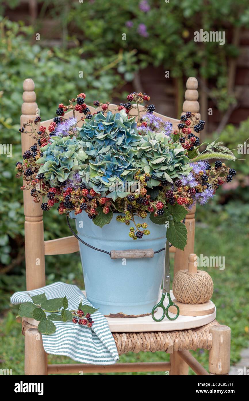 bouquet de fleurs d'hortensia bleues et de branches de mûre dans un vieux seau en émail sur la chaise Banque D'Images