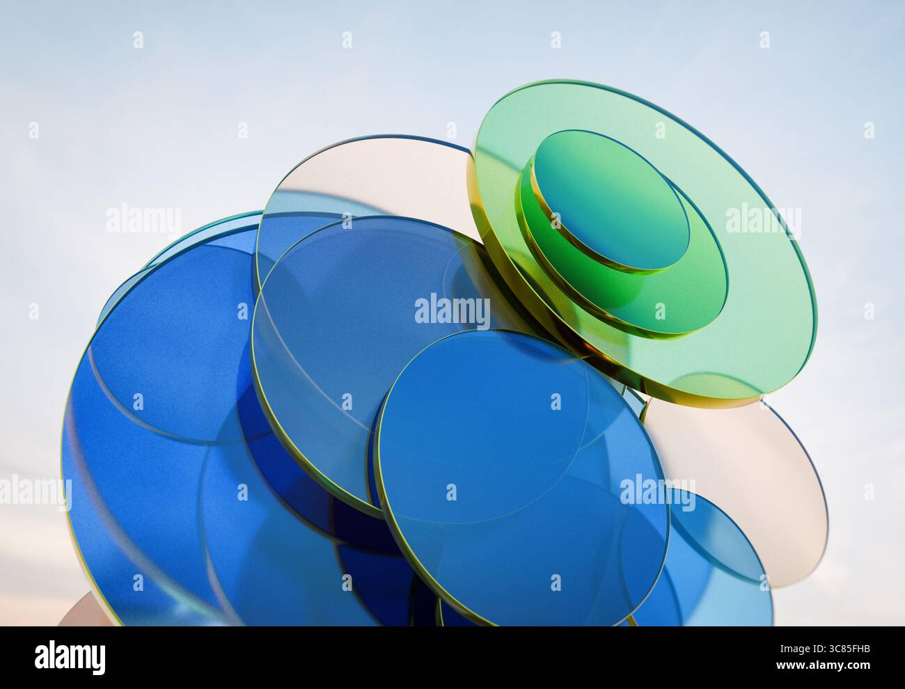 Rendu 3D de disques transparents en verre vert et bleu superposés création de motifs abstraits doux sur un arrière-plan clair Banque D'Images