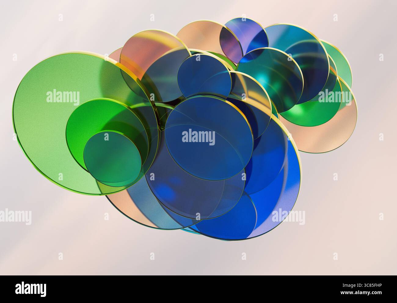 Rendu 3D de disques transparents en verre vert et bleu superposés création de motifs abstraits doux sur un arrière-plan clair Banque D'Images