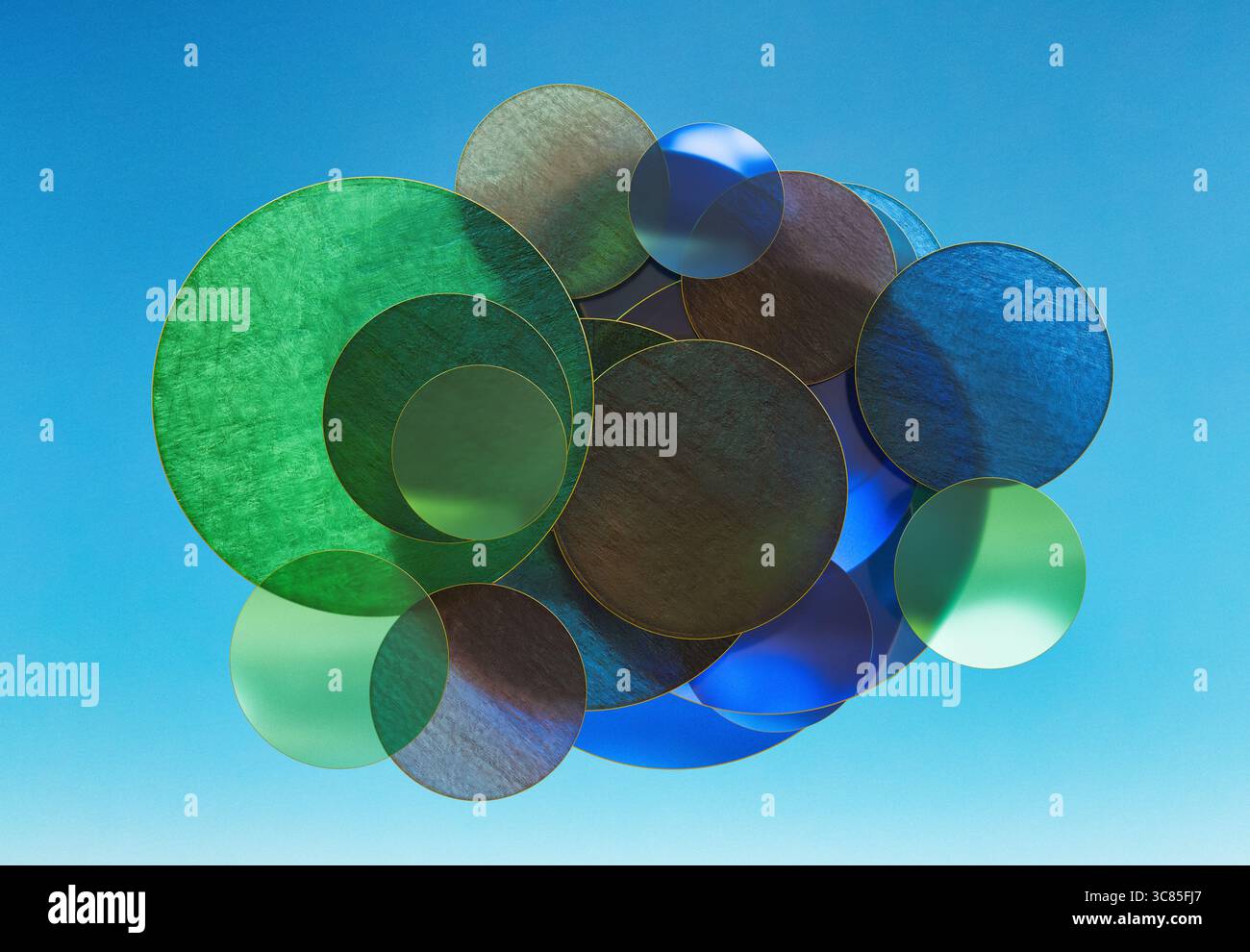 Rendu 3D de disques transparents en verre vert et bleu superposés création de motifs abstraits doux sur un arrière-plan clair Banque D'Images