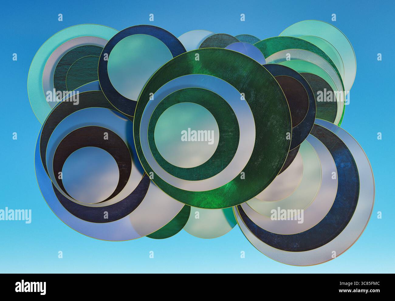 Rendu 3D de disques transparents en verre vert et bleu superposés création de motifs abstraits doux sur un arrière-plan clair Banque D'Images