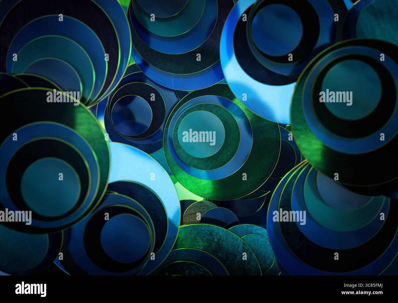 Rendu 3D de disques en verre bleu et vert transparents superposés création de motifs abstraits avec effets de lumière et de réflexion Banque D'Images
