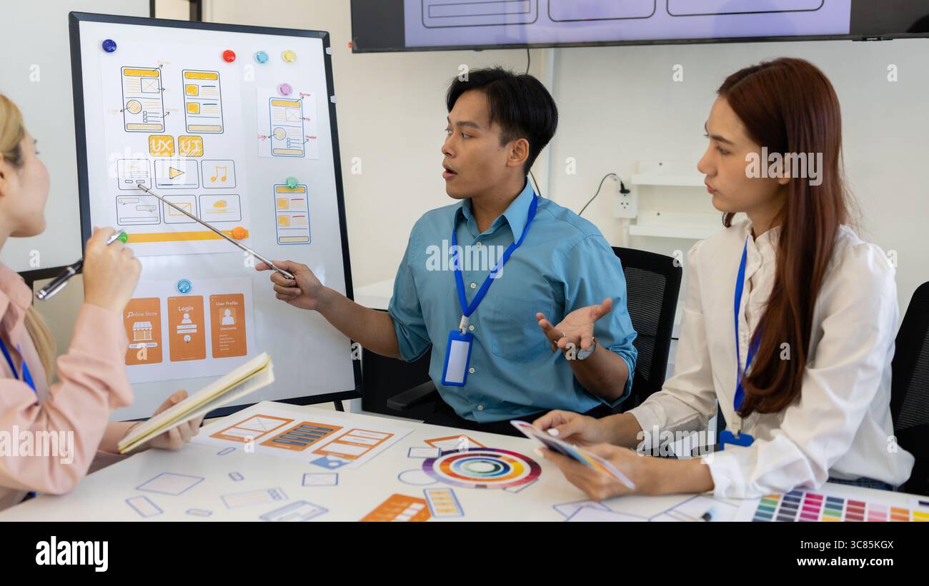 ux, ui, les concepteurs de sites web d'applications mobiles sont en train de réfléchir pour concevoir un affichage visuel que les clients verront et se sentiront à l'aise en utilisant les tons de couleur so et la Banque D'Images