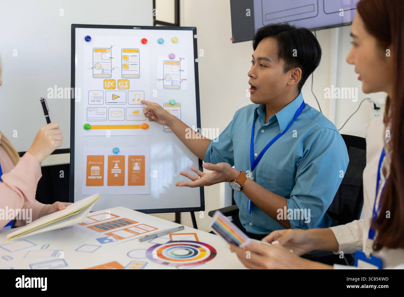 ux, ui, les concepteurs de sites web d'applications mobiles sont en train de réfléchir pour concevoir un affichage visuel que les clients verront et se sentiront à l'aise en utilisant les tons de couleur so et la Banque D'Images