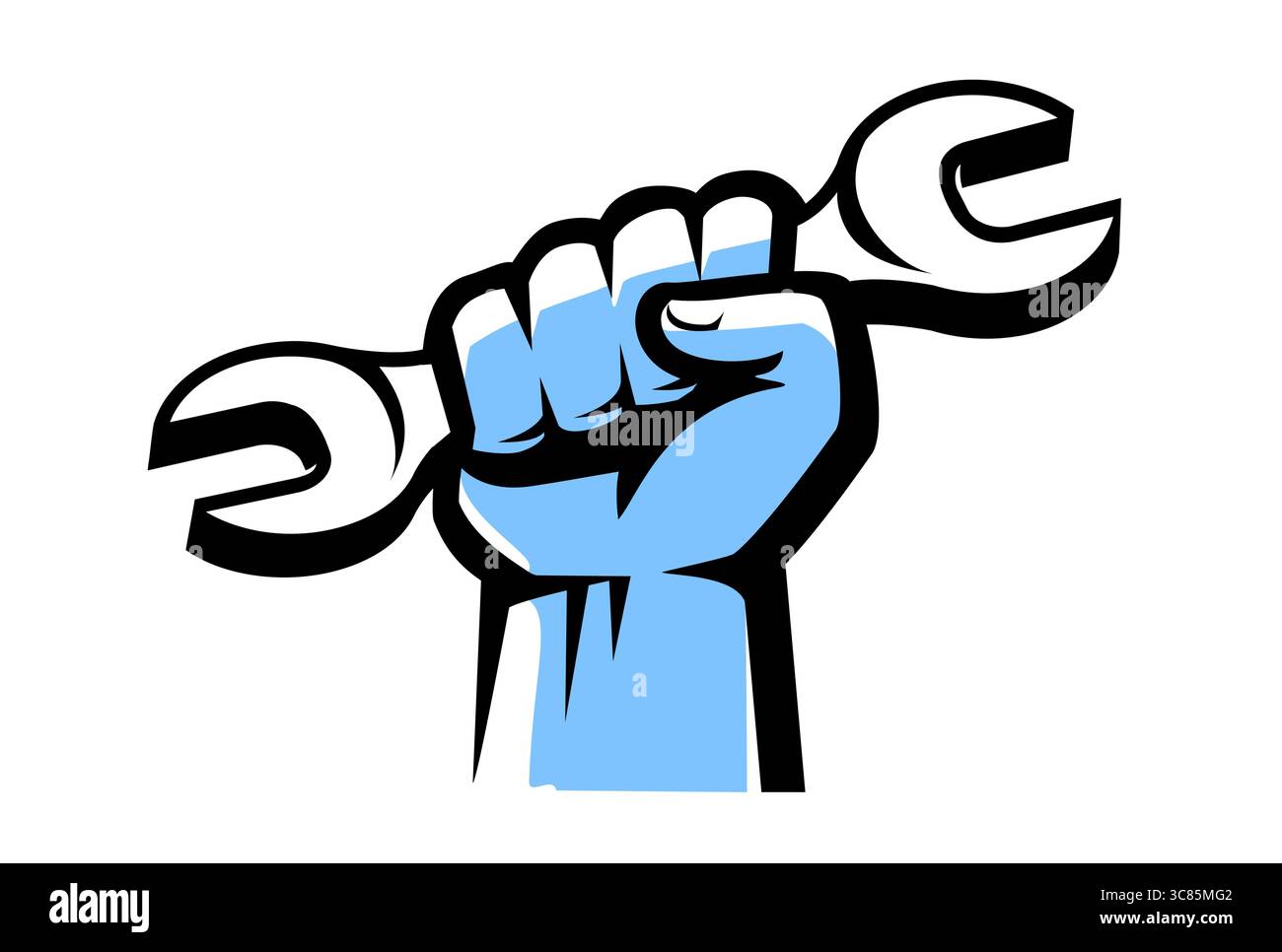 Clé à main dans le poing levé. Réparation professionnelle, travaux de construction, symbole d'ingénierie. Emblème d'atelier Illustration de Vecteur