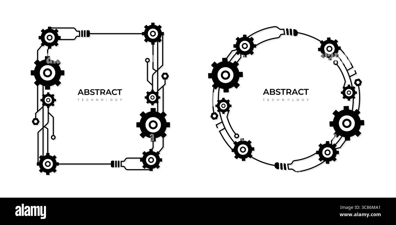 Formes abstraites technologie cadres au trait art, intégration numérique engrenage polygonal réseau Web futuriste cadres éditables illustration vectorielle de course Illustration de Vecteur