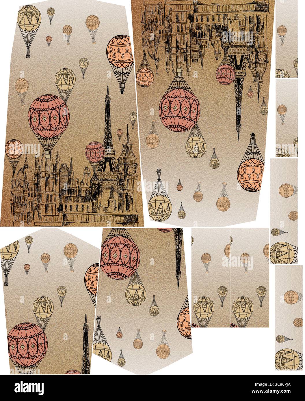 Un motif de papier peint vintage présente des montgolfières et la tour eiffel Banque D'Images