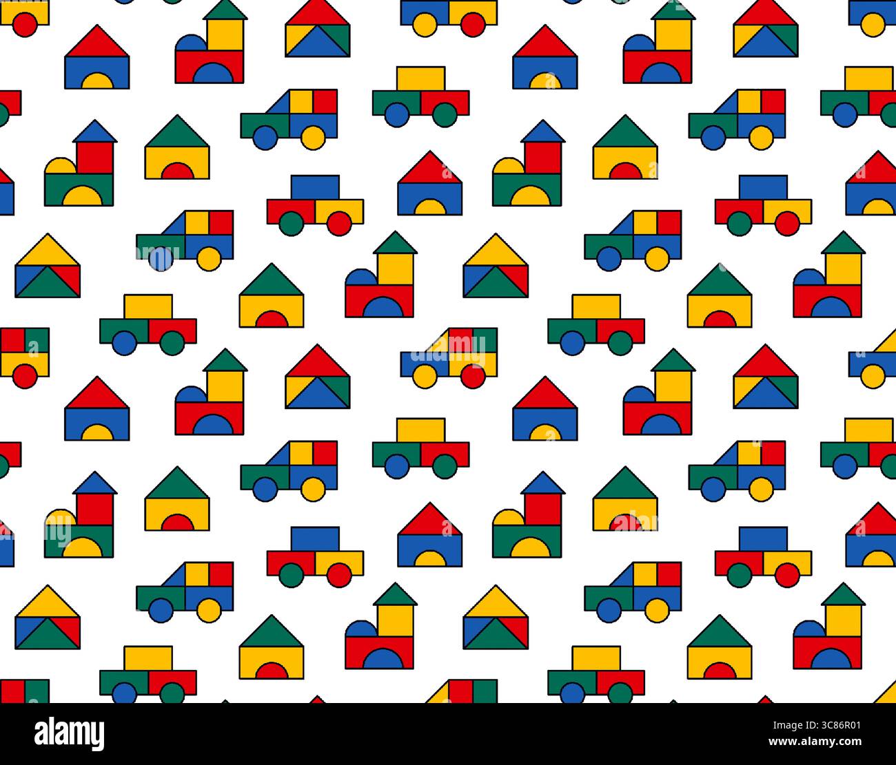 Les blocs de jouet géométriques colorés forment un motif sans couture isolé sur fond blanc Banque D'Images