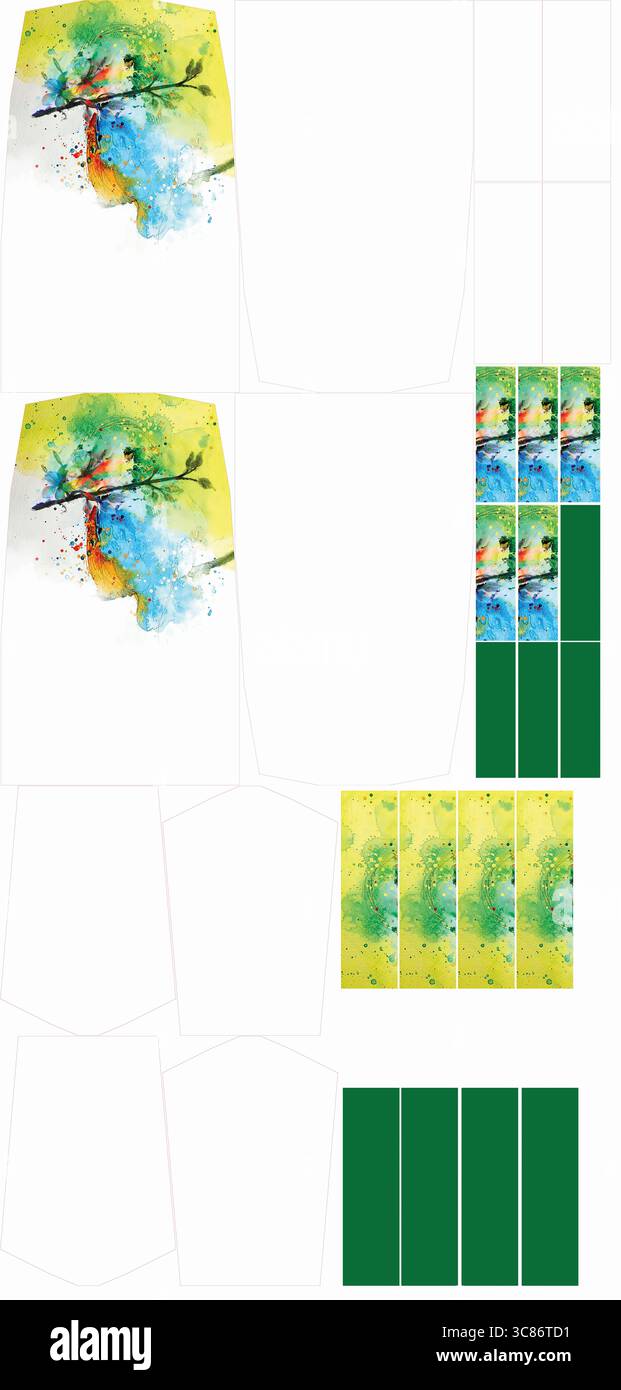 Une peinture à l'aquarelle vibrante d'un oiseau perché sur une branche, isolé sur fond blanc Banque D'Images