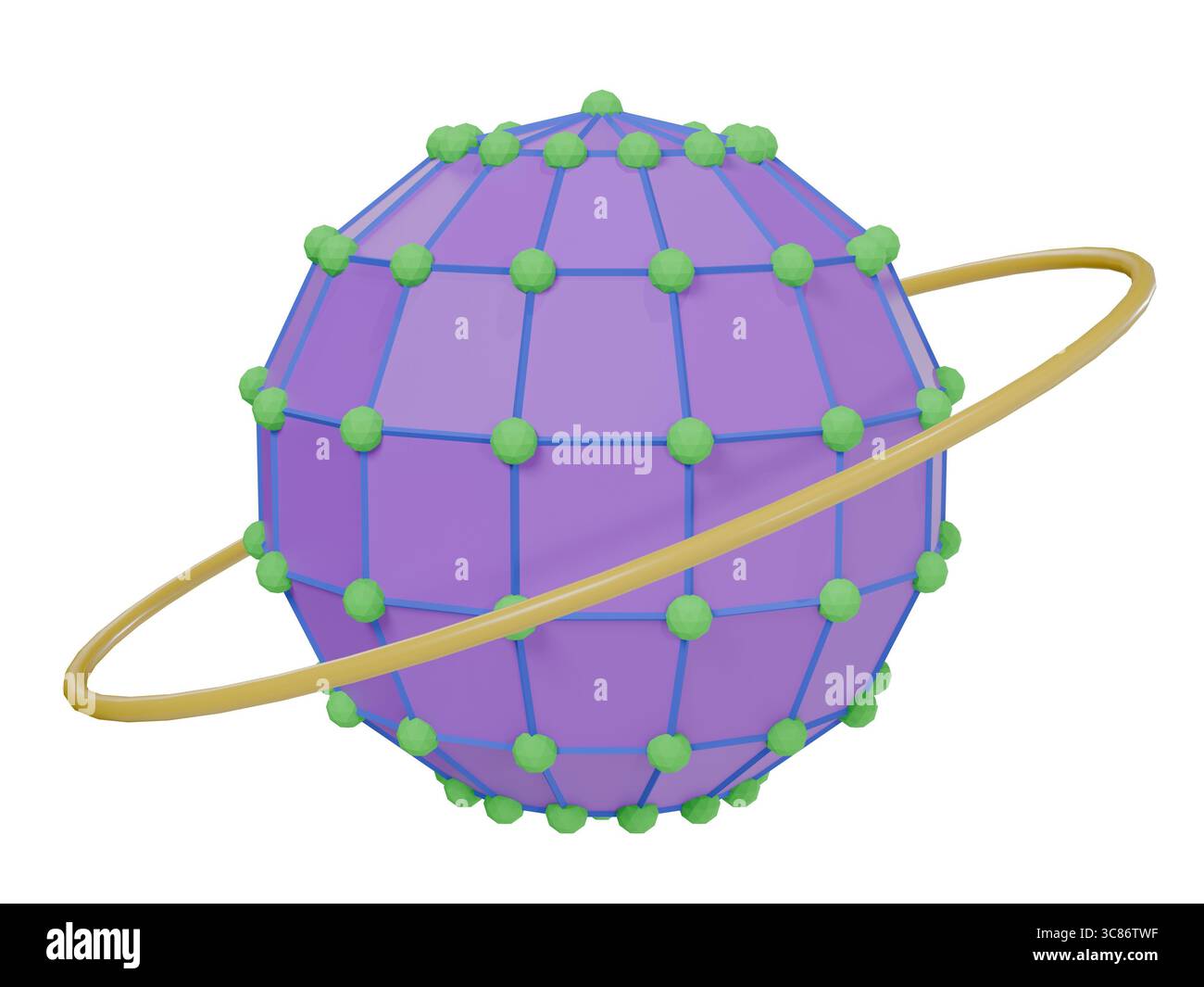 Illustration 3D d'une sphère violette avec orbite dorée et nœuds de connexion verts, conception scientifique conceptuelle ou de réseau isolé sur blanc. Banque D'Images
