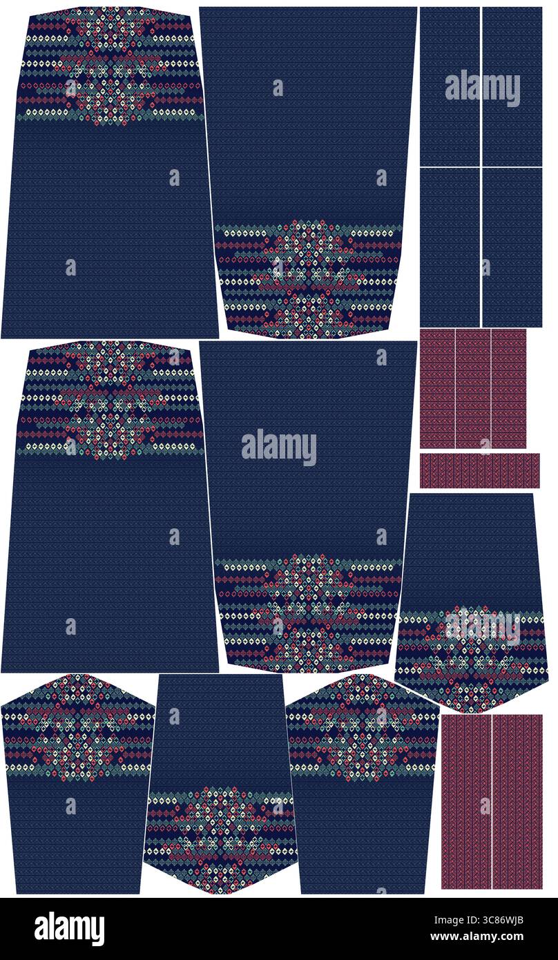 Un motif géométrique dans les tons de bleu, rouge et rose crée un design textile ethnique Banque D'Images