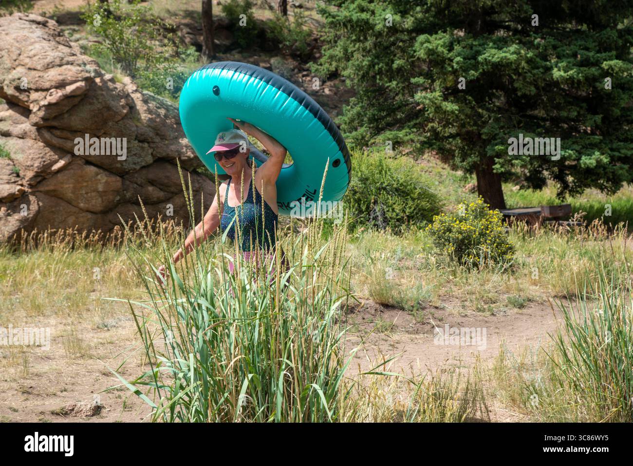 Une femme adulte seule marche en amont transportant sa chambre à air gonflable pour un autre flotteur sur la rivière Eleven Mile Canyon, Colorado. Banque D'Images