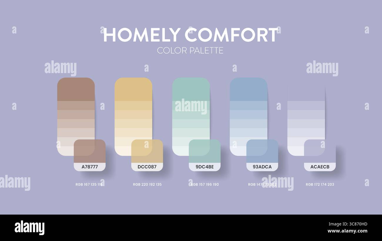 Guide de palette de couleurs dans les collections à thème de couleurs Homely Comfort. Inspiration de couleur ou graphique avec modèle de codes. Combinaison de couleurs RVB. Nuances de couleurs Illustration de Vecteur