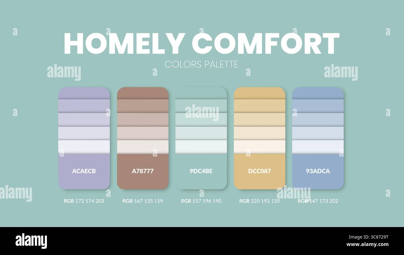 Guide de palette de couleurs dans les collections à thème de couleurs Homely Comfort. Inspiration de couleur ou graphique avec modèle de codes. Combinaison de couleurs RVB. Nuances de couleurs Illustration de Vecteur