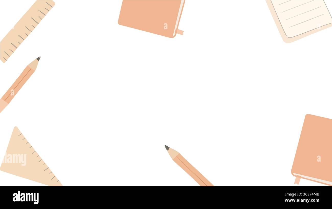 Un fond vectoriel de conception plate représentant des crayons dispersés, des cahiers et des morceaux de papier sur une surface blanche. Illustration de Vecteur