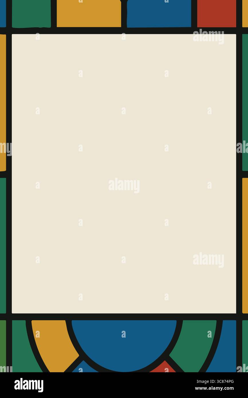 Cadre rectangulaire orné d'un motif mosaïque inspiré des vitraux dans les tons vert, orange et bleu. Illustration de Vecteur