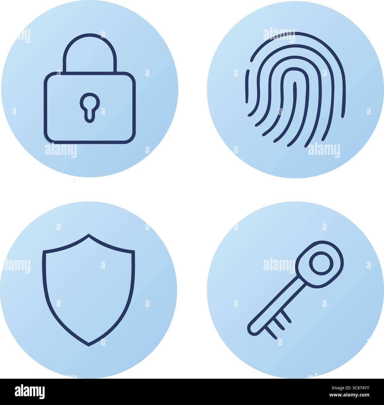 Quatre icônes circulaires à dégradé bleu représentant un cadenas, une empreinte digitale, un bouclier et une clé pour les thèmes de cybersécurité. Illustration de Vecteur