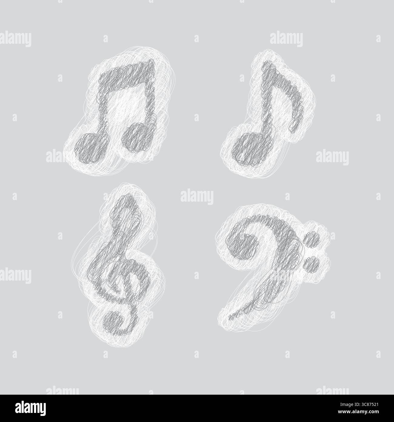 Un dessin linéaire gris de quatre symboles musicaux : quart de note, huitième note, clef aigu et clef basse sur fond gris clair. Illustration de Vecteur