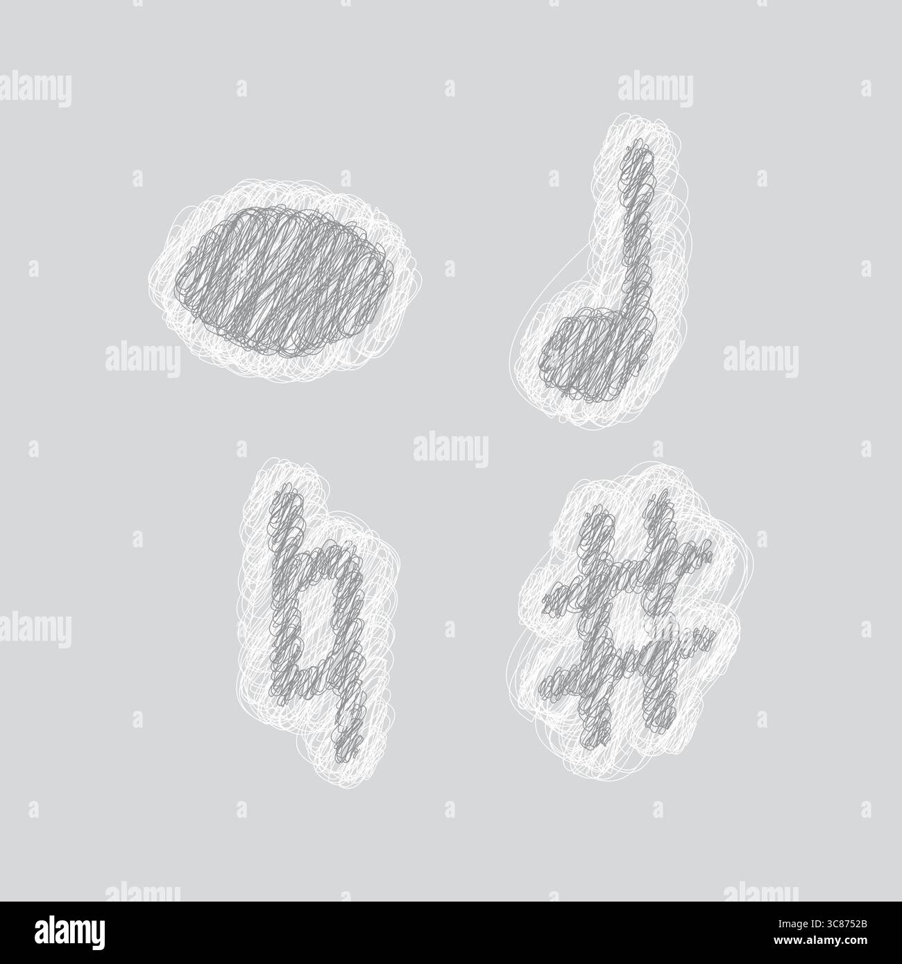 Quatre icônes de croquis gris dessinées à la main reproduisant des notes de musique et des accidentels comme crayon brut Illustration de Vecteur