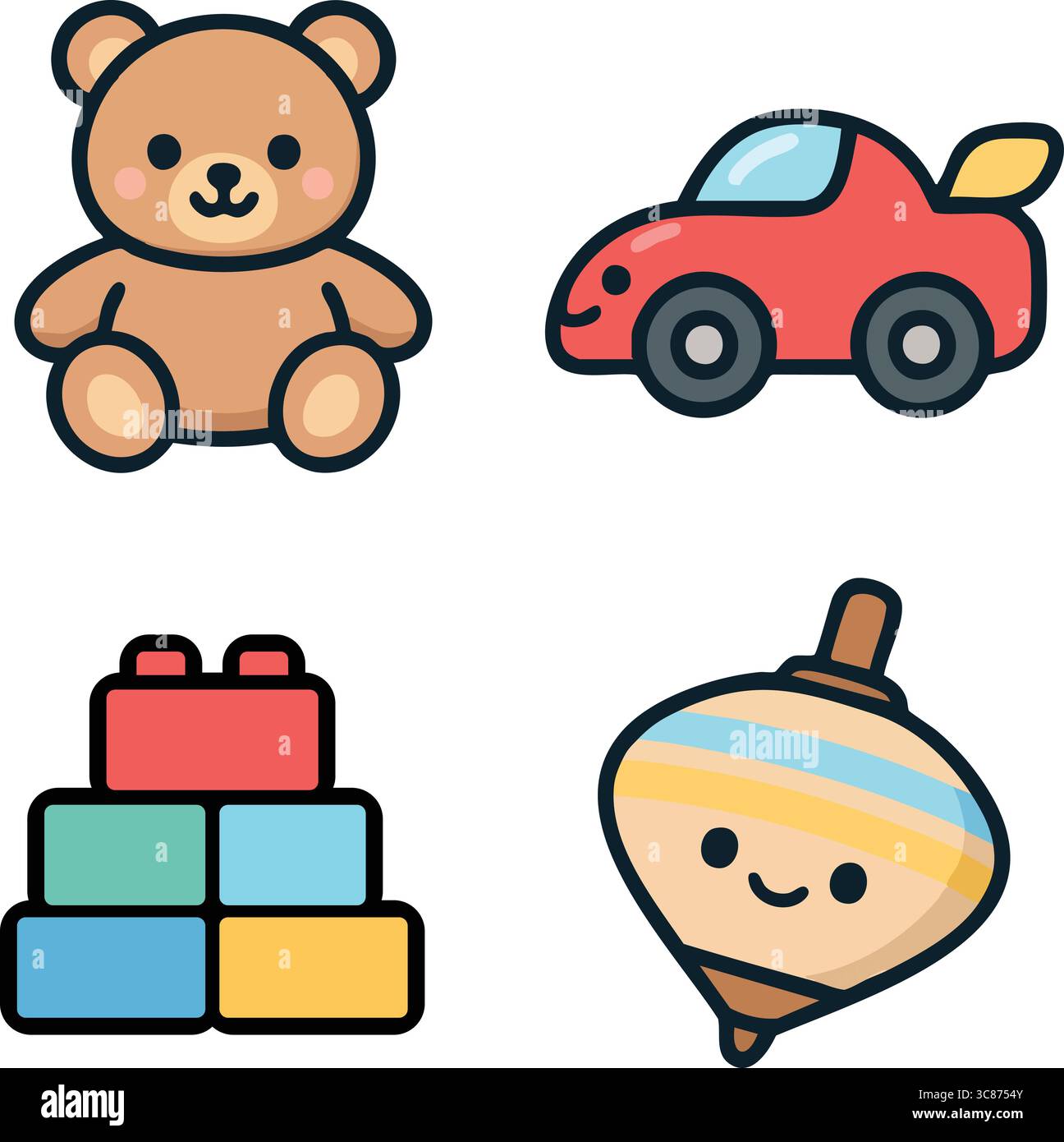 Un groupement vectoriel plat coloré d'un ours en peluche, d'une voiture jouet, de blocs de construction et d'un toupie souriant. Illustration de Vecteur