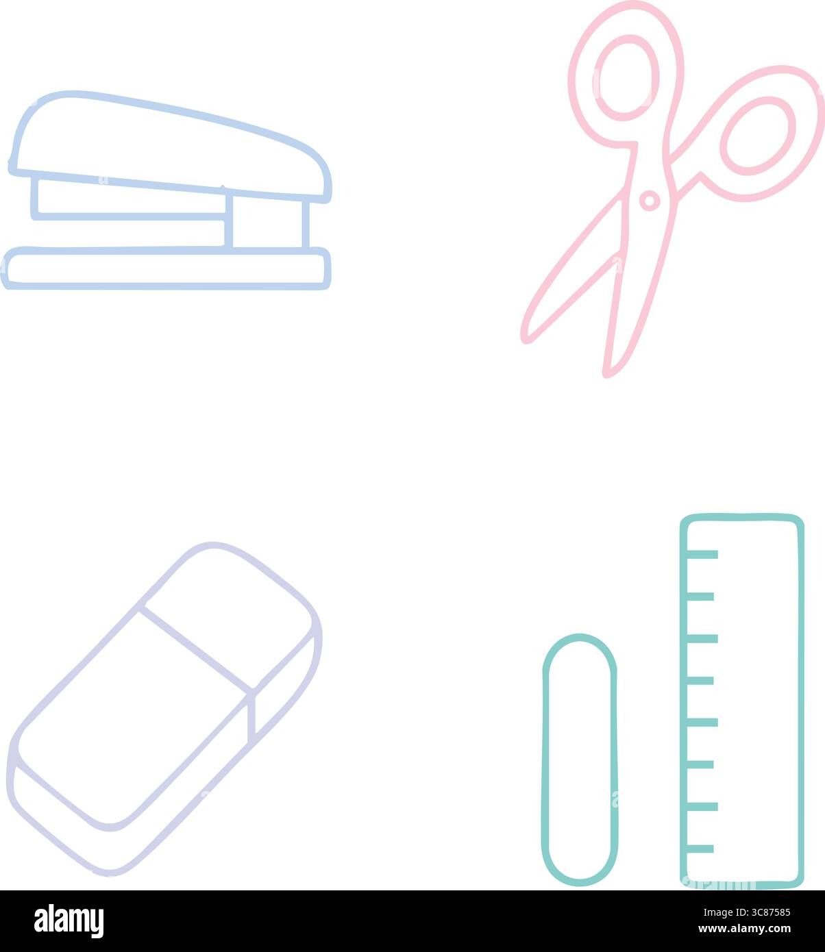 Un ensemble de doodle vectoriel pastel clair montrant une agrafeuse de bureau, une paire de ciseaux, une gomme et une règle. Illustration de Vecteur