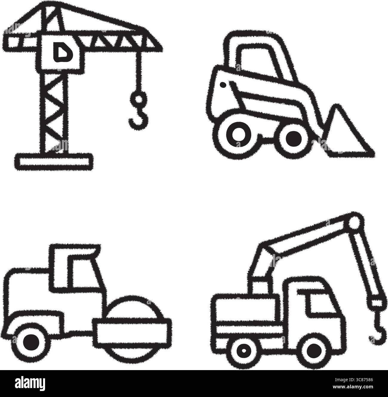 Un groupe d'icônes d'art de la ligne noire comprenant une grue à tour, un chargeur frontal, un tombereau à benne basculante et une pelle rétro. Illustration de Vecteur