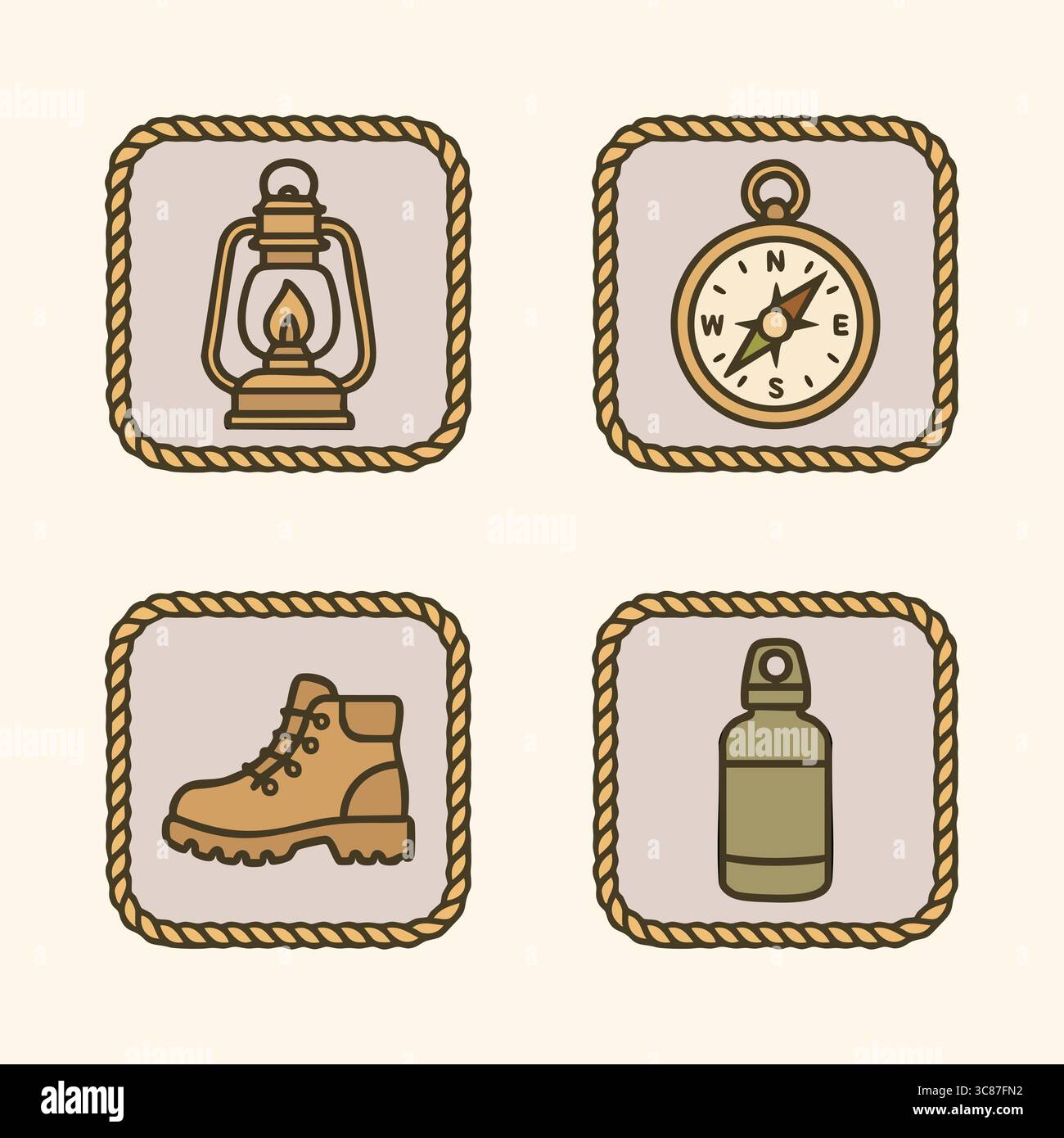 Une collection d'icônes carrées encadrées de corde illustrant une lanterne, une boussole, une chaussure de randonnée et une bouteille d'eau pour l'exploration en plein air. Illustration de Vecteur