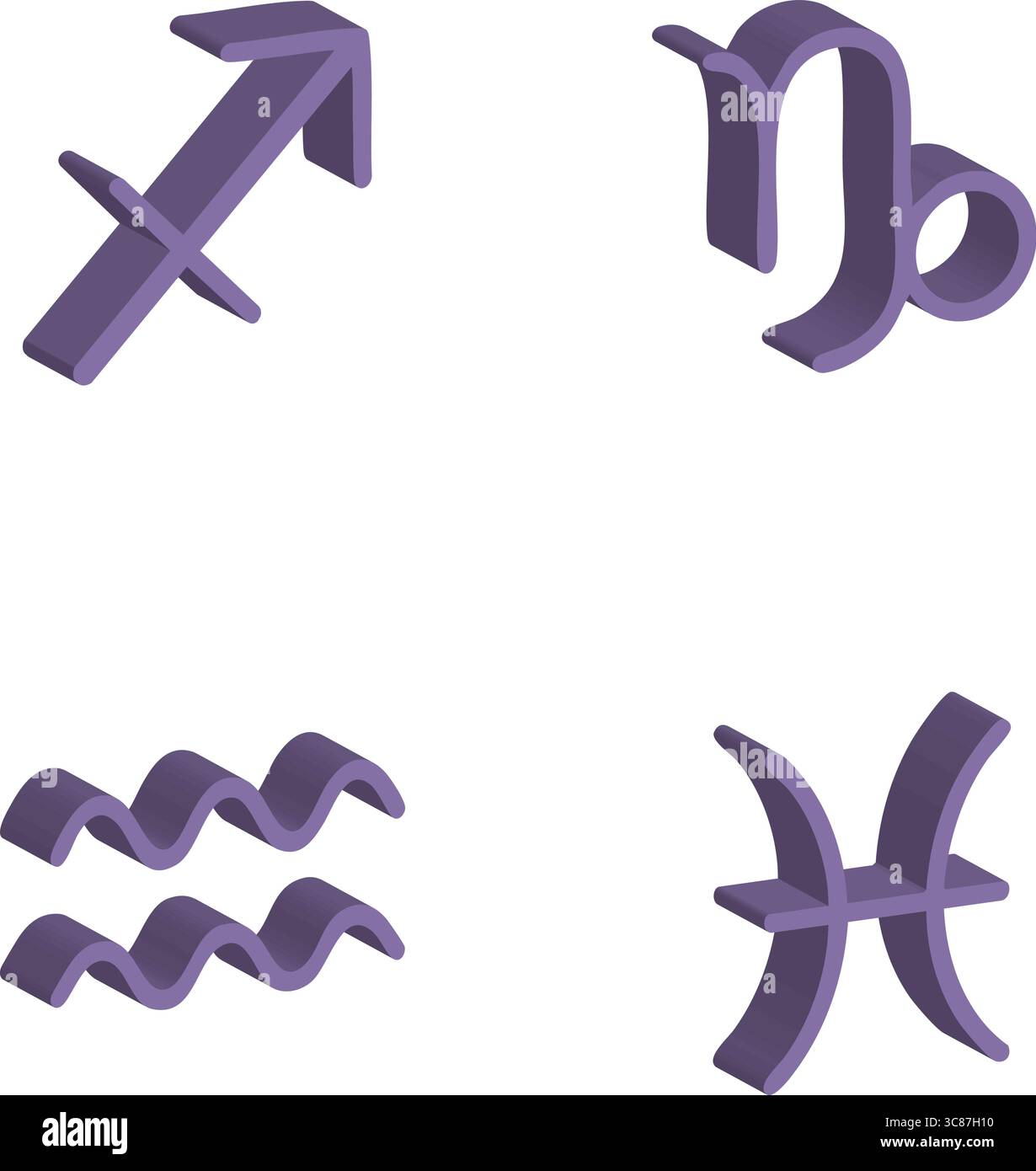 Un ensemble de quatre icônes vectorielles violettes représentant les symboles du zodiaque Sagittaire, Capricorne, Verseau et poissons. Illustration de Vecteur