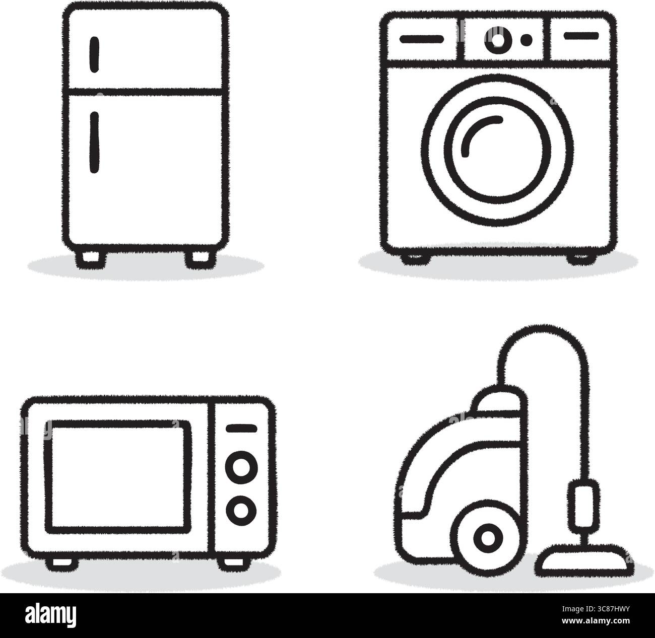 Une grille d'icônes linéaire noire et blanche représentant un réfrigérateur, une machine à laver, un four à micro-ondes et un aspirateur. Illustration de Vecteur