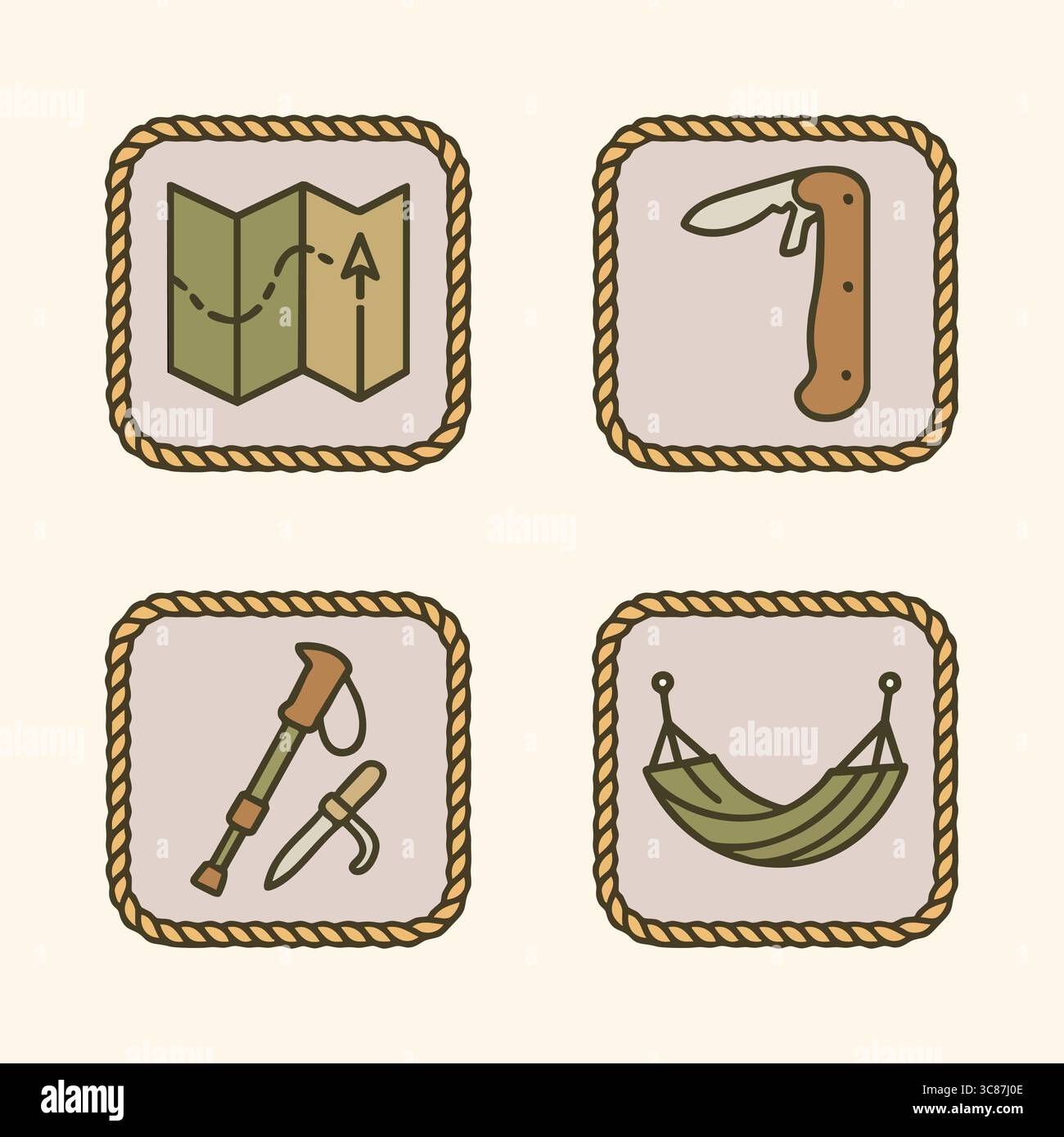 Une collection de quatre icônes carrées encadrées par une bordure de style corde illustrant une carte, un couteau pliant, un piolet et un hamac pour les aventures en plein air. Illustration de Vecteur