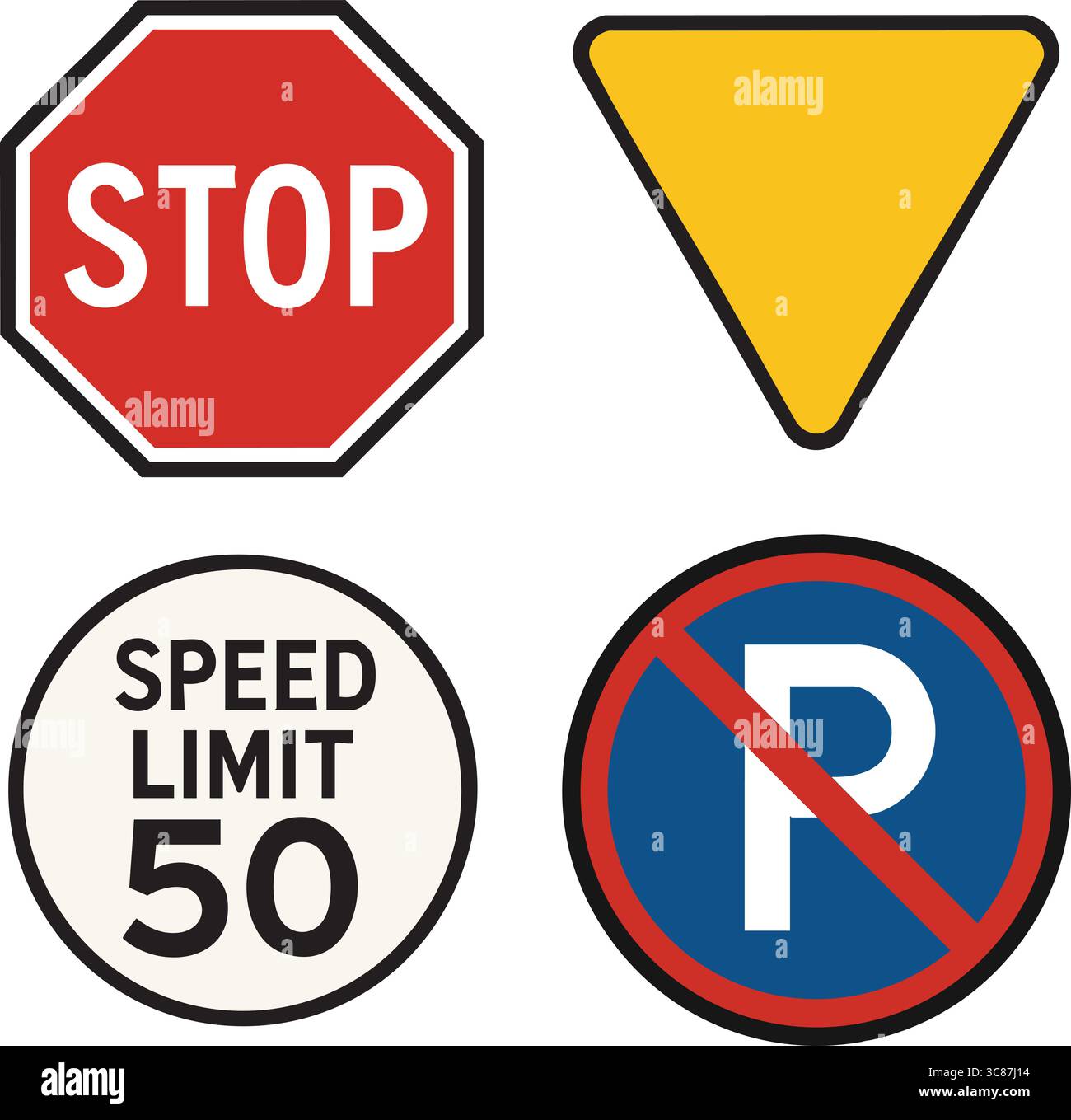 Quatre icônes de panneaux de signalisation plats représentant un panneau d'arrêt, un panneau de limitation de vitesse circulaire, un symbole d'interdiction de stationnement et un triangle d'avertissement de rendement. Illustration de Vecteur