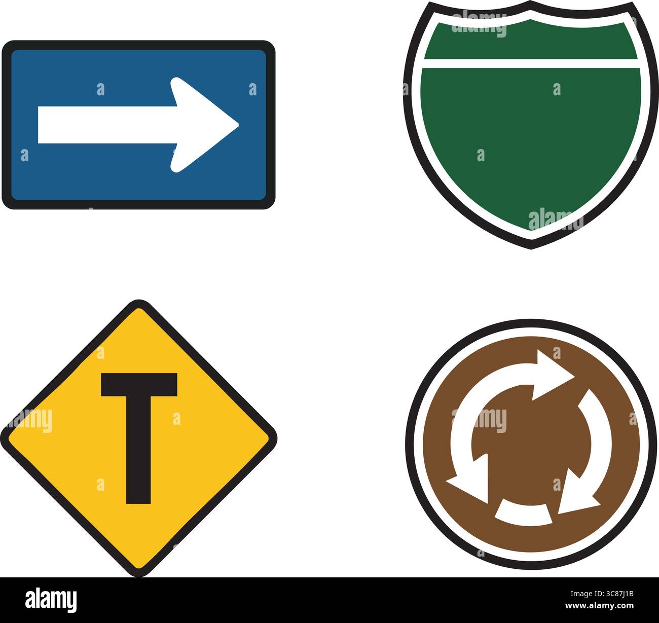 Quatre panneaux de direction vectoriels plats comprenant une flèche pointant vers la droite, un bouclier vert d'autoroute, un avertissement d'intersection en T et un rond-point circulaire Ar Illustration de Vecteur