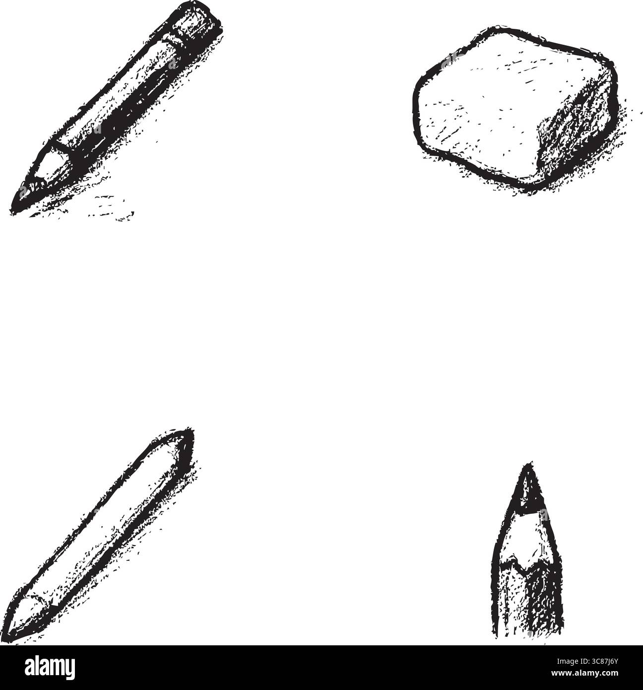 Illustration monochrome montrant un crayon, une gomme et un stylo disposés avec des ombres, représentant des outils de dessin traditionnels. Illustration de Vecteur