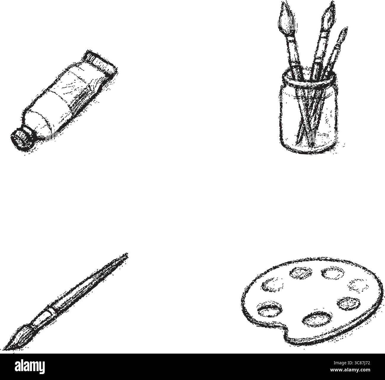 Esquisse détaillée des éléments de l'espace de travail d'un artiste, y compris un tube de peinture, un conteneur de pinceaux et une palette de peinture en niveaux de gris. Illustration de Vecteur