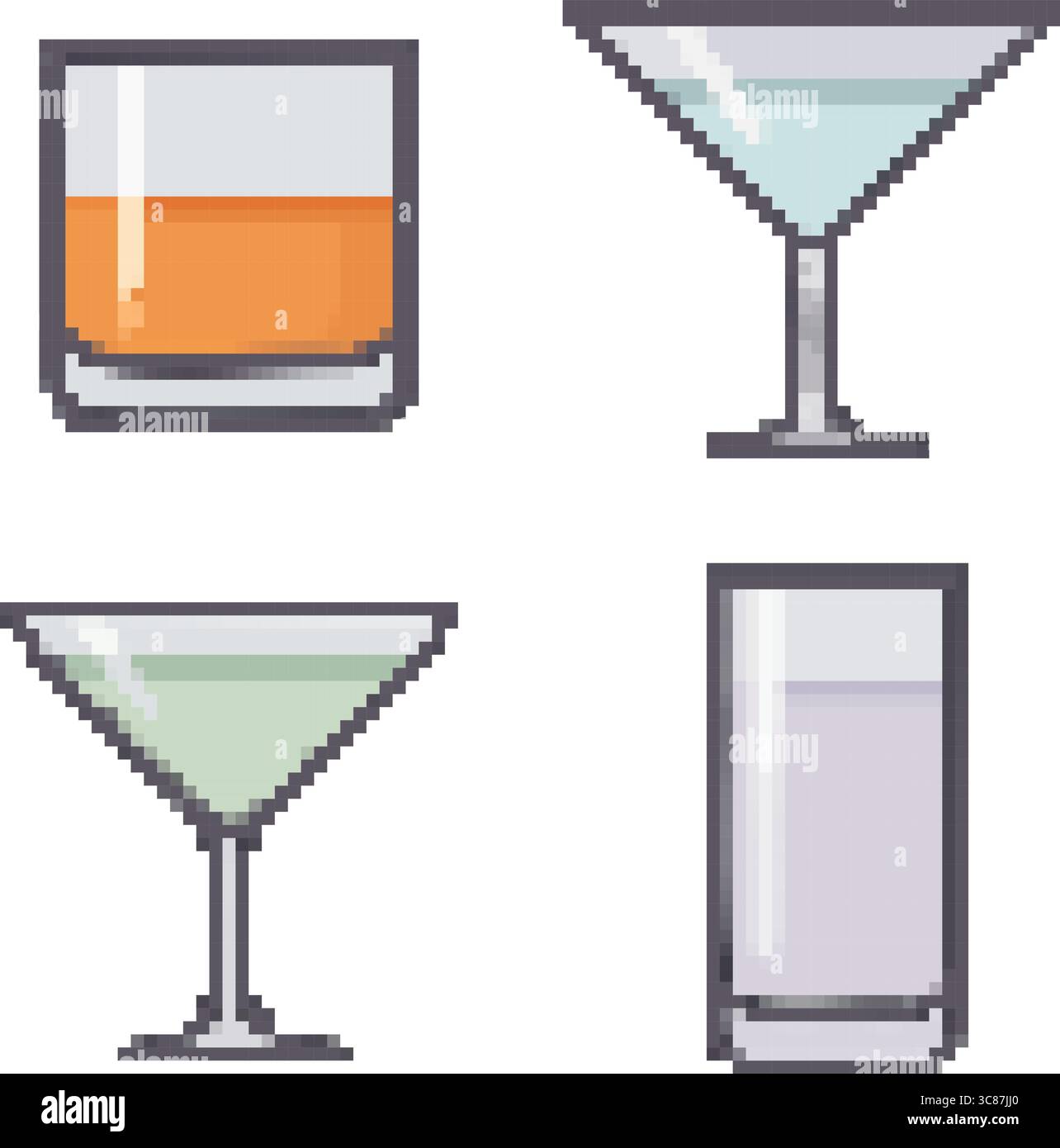 Illustration en bas au milieu à droite montrant quatre verres d'art pixel : un gobelet lowball avec de la liqueur ambre, deux verres de style martini (un clair, un léger Illustration de Vecteur