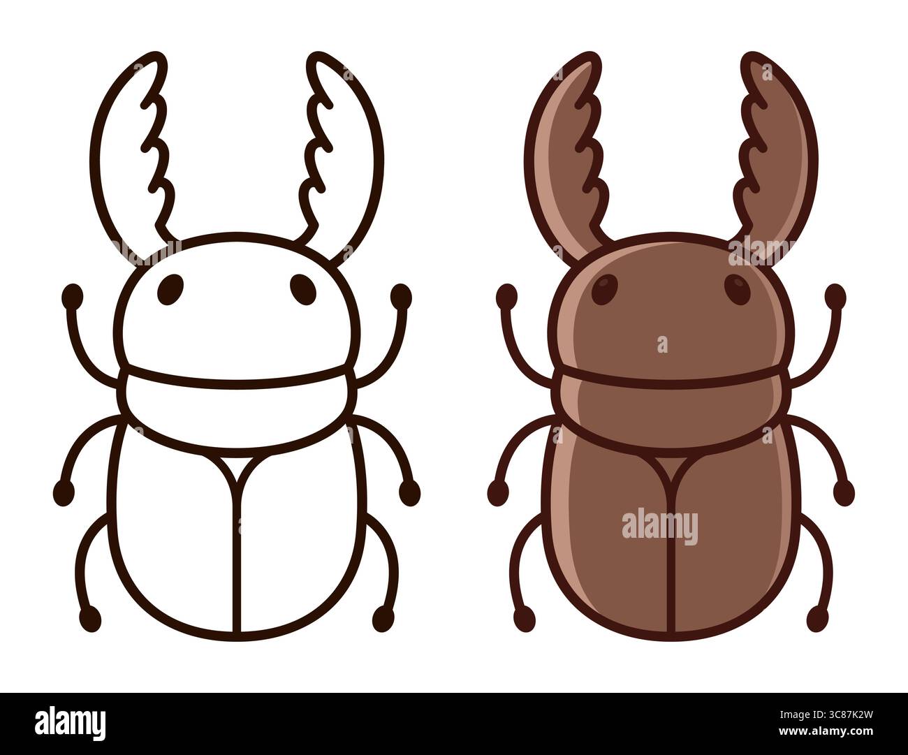 Dessin de cerf coléoptère dans un style de dessin animé mignon simple. Illustration couleur et dessin au trait noir et blanc pour la coloration. Clipart vectoriel dessiné à la main. Illustration de Vecteur