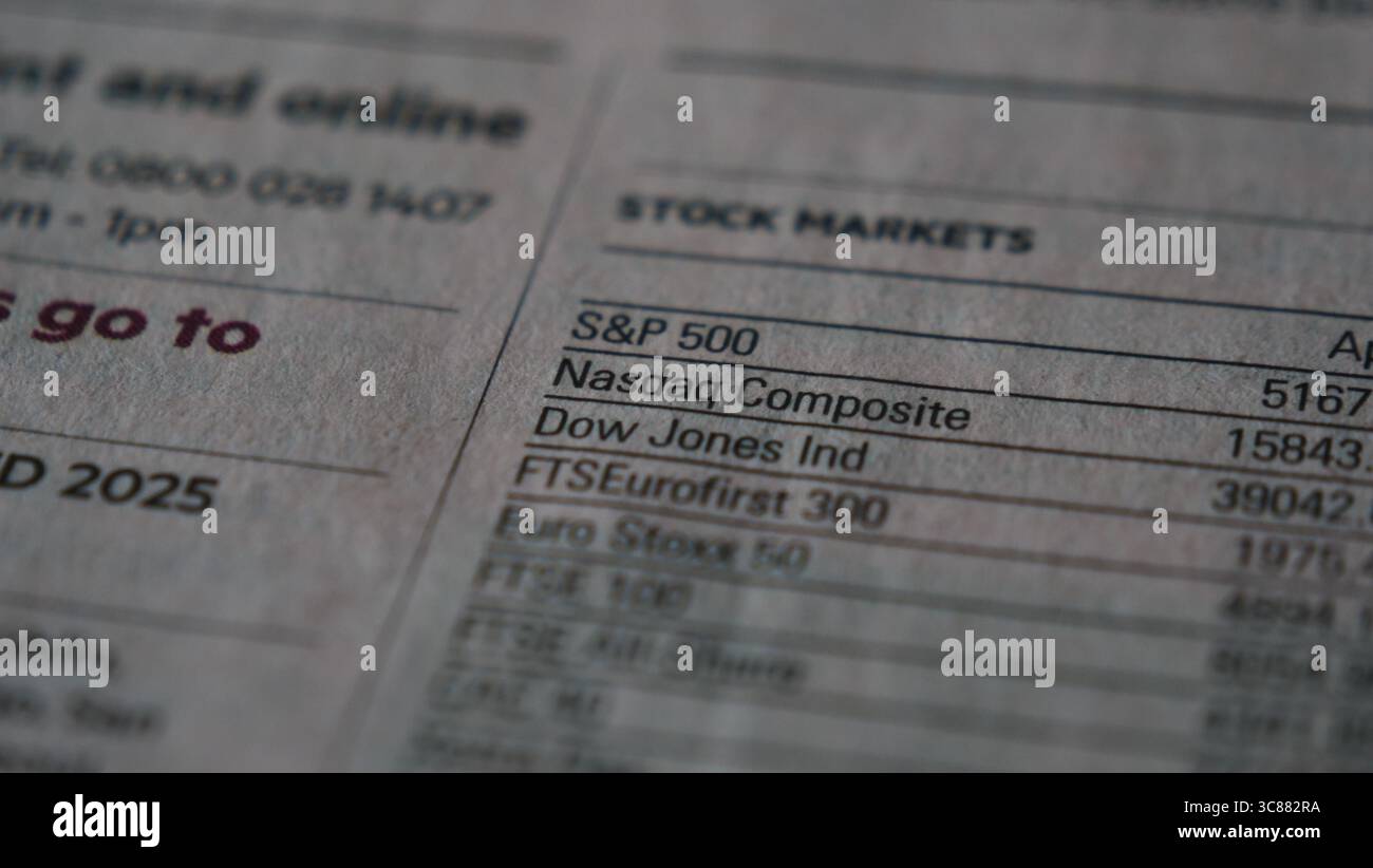 Liste des indices boursiers rapportés dans le journal Financial Times. Banque D'Images