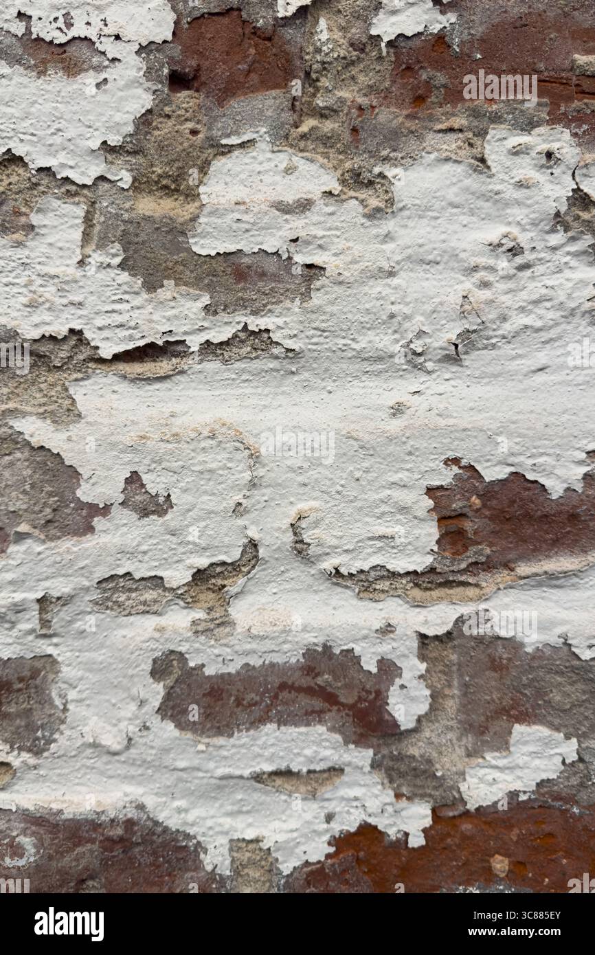La peinture blanche se décollant de la brique rouge altérée sur un buidling médiéval crée une plaque de fond texturée intéressante. Banque D'Images